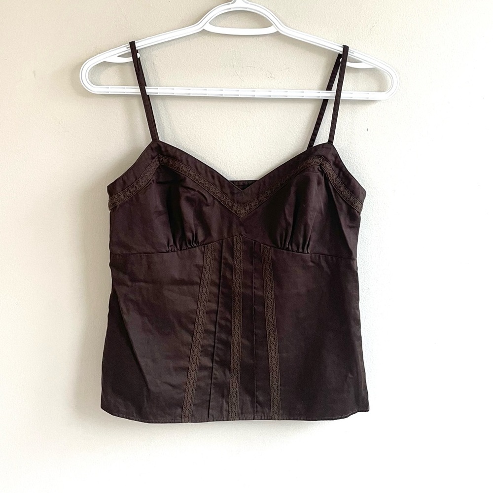 BROWN COTTON BLEND TANK TOP SIDE ZIPPER LACE TRIM ADJUSTABLE STRAPS PETITE